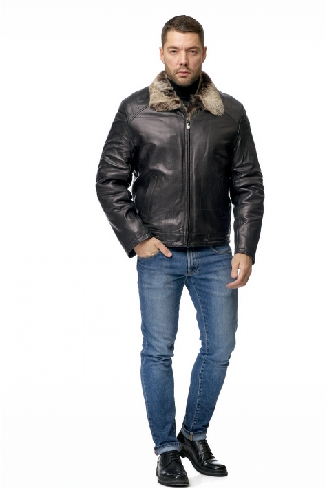 Мужская кожаная куртка из натуральной кожи на меху с воротником, отделка енот 8011050