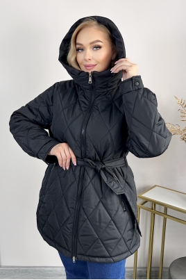 Черное женское пальто из текстиля с капюшоном